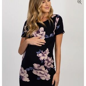 Navy Blue Watercolor Floral Fitted Maternity Dress by Pinkblush